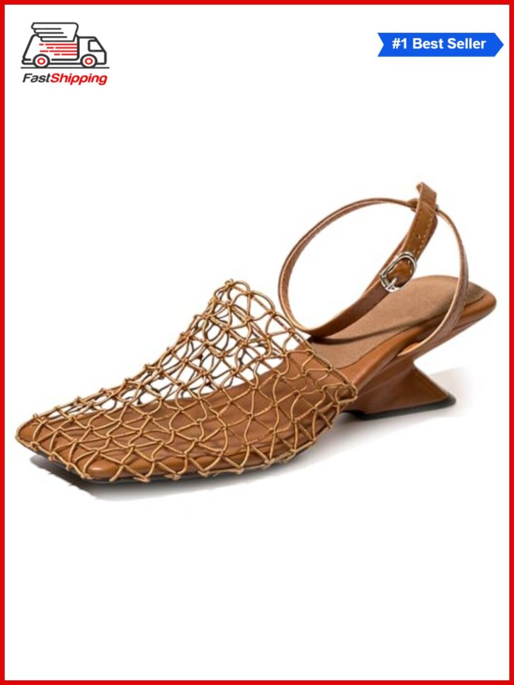 Fishnet Wedge Sandals Square Toe Block Heel Slingback Buckle